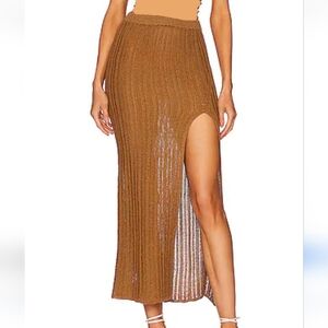 Silvian Heach Golden Tan Ribbed Form-Fitting Side Slit Midi Skirt Women's Size S